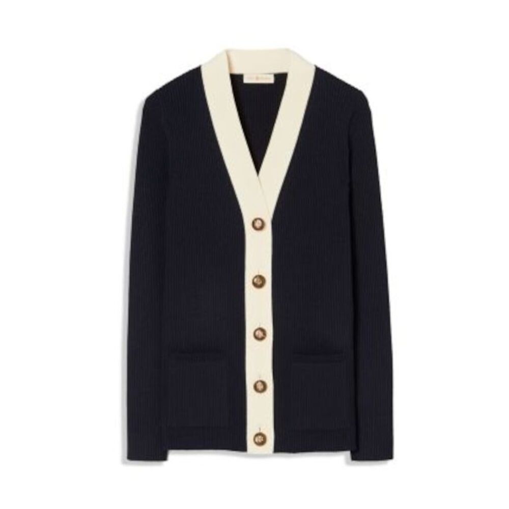 NWT TORY BURCH Womens Navy Ribbed Long Sleeve V Neck Button Up Sweater XS